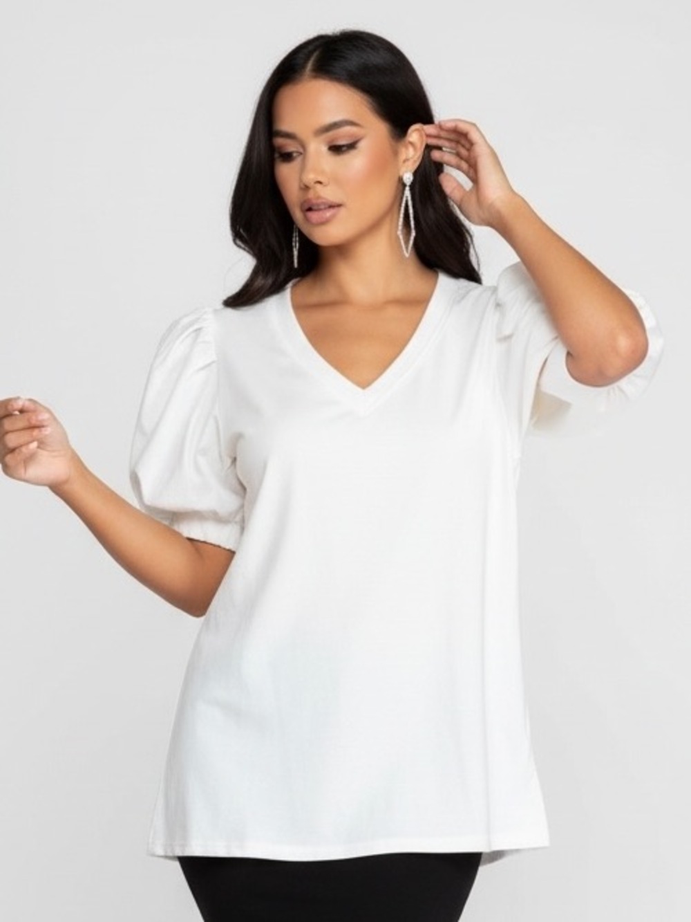 JODIFL White V-Neck Puff Sleeve Short Sleeve Top